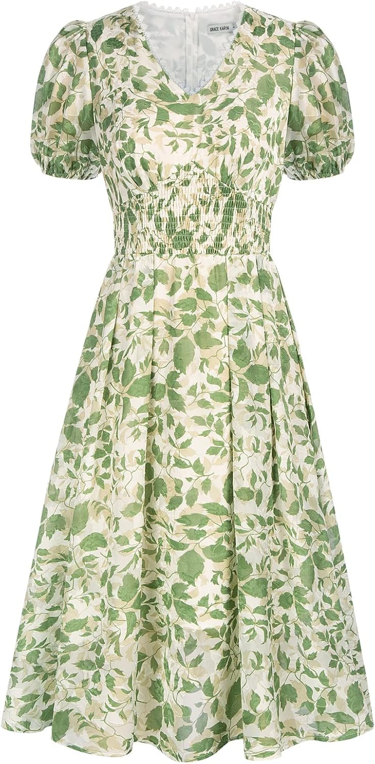 GRACE KARIN Women's Summer Puff Sleeve Flowy Dress 2023 V Neck Smocked Boho Floral A Line Tiered ... | Amazon (US)