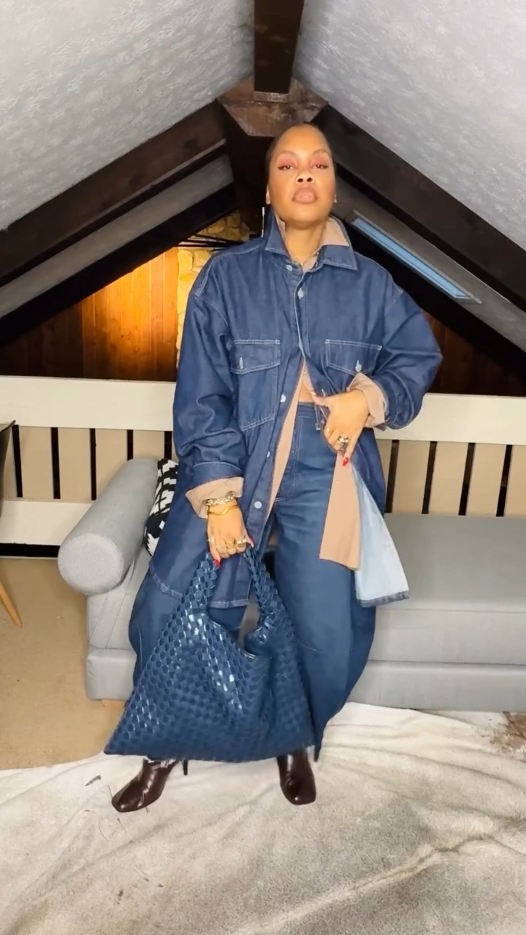 Hey boo! Happy Friyay!!! We made it! Don’t know why - but this week was rough! Cheers to a long weekend! Y’all know I love a denim moment and a side of layering! What y’all think?!

I will never get rid of this old @hm denim shirt! I have in 2 colors and it still versatile! 

I got this @roberto_cavalli watch for Christmas and I love it!! 🖤
•
•
Style over forty, denim style, denim on denim, jewelry style, watch style