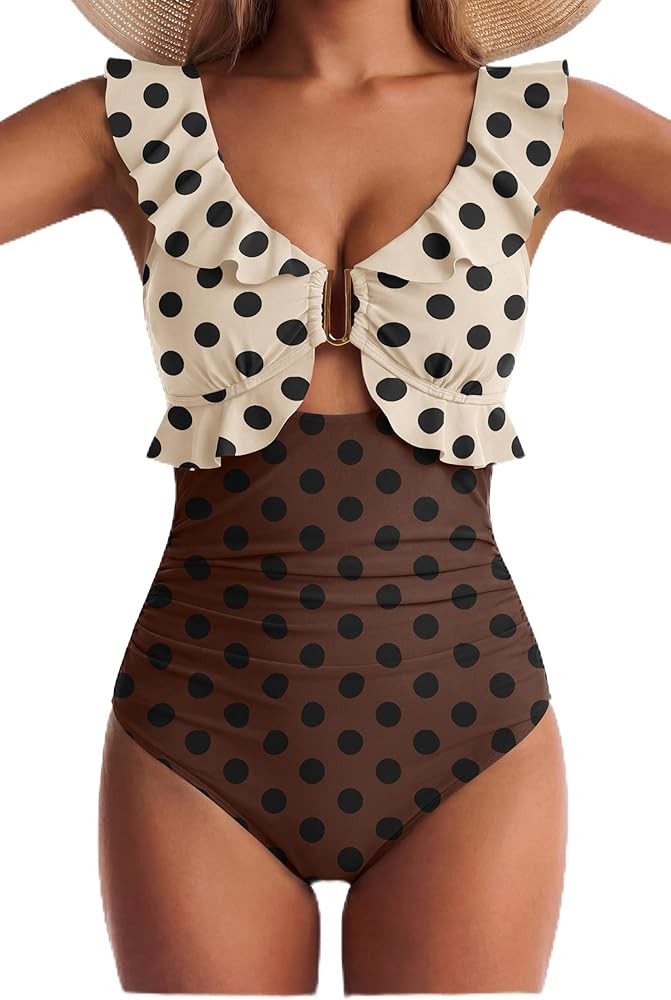 Women One Piece Swimsuit Tummy Control Ruffle Bathing Suit Cutout V Neck Swim Suit Ruched Slimmin... | Amazon (US)