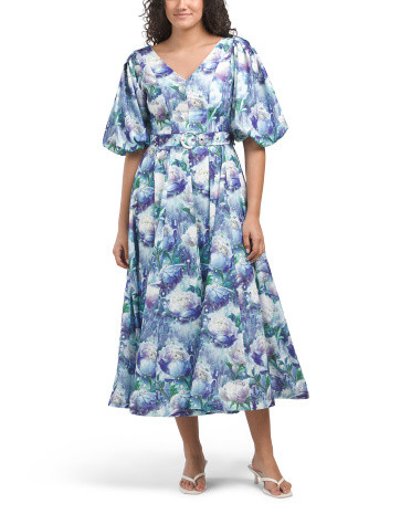 Puff Sleeve Floral Pleated Maxi Dress With Belt | TJ Maxx