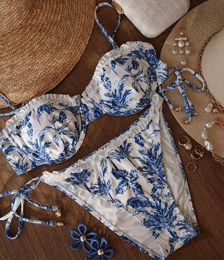 Gianni Bini x Shea Leigh Mills Waterloo Ruffle Demi Underwire Bralette Swim Top & Ruffle High Leg... | Dillard's