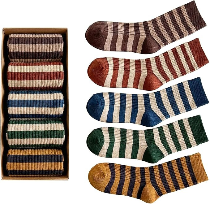 5 Pairs Womens Socks Retro Striped Socks Cute Crew Socks for Women | Amazon (US)
