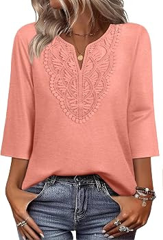 WIHOLL 3/4 Length Sleeve Womens Tops Boho V Neck Lace Shirt Trendy Blouses Dressy Casual Vacation... | Amazon (US)