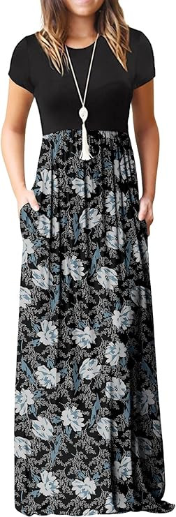 GRECERELLE Women Summer Casual Maxi Long Dress Short Sleeve Crew Neck with Pockets, Size S-3XL | Amazon (US)