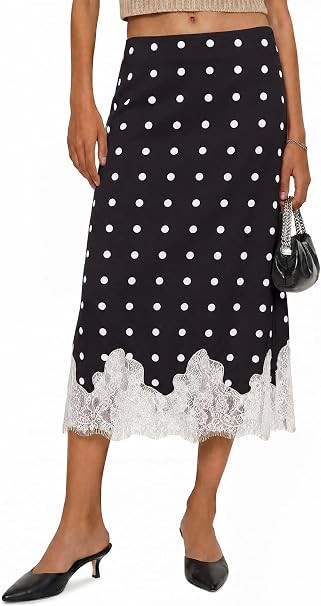 Cicy Bell Women Silk Satin Midi Skirts Casual Dressy Lace Hem Elegant Skirt | High Waist A-line M... | Amazon (US)