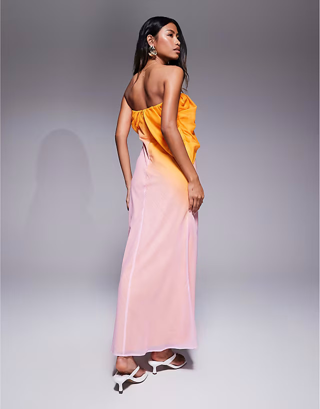 ASOS DESIGN bandeau draped bias maxi dress in pink and orange ombre print | ASOS | ASOS (Global)