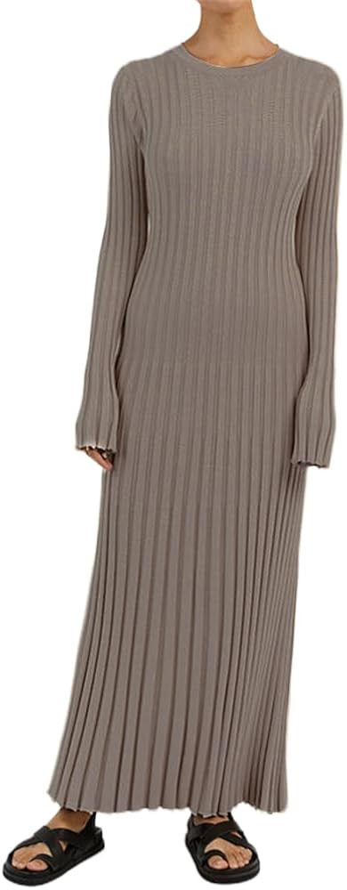 Bowanadacles Women Casual Knitted Maxi Dress Solid Color Long Sleeve Round Neck Ribbed Long Dress... | Amazon (US)