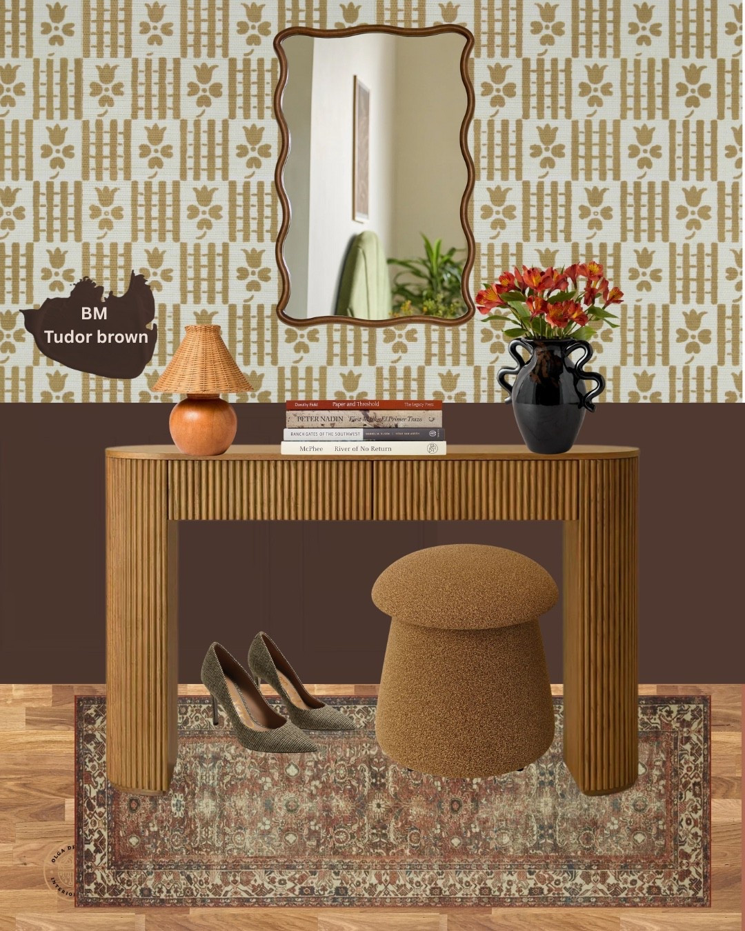 Gorgeous Fall-inspired entryway. Storage ottoman from Target, Magnolia vintage rug, beautiful console table, small table lamp, gorgeous wallpaper from Lulu & Georgia, curvy mirror, beautiful high heel shoes. #homedecor #entryway #falltrends 

#LTKShoeCrush #LTKHome #LTKSeasonal