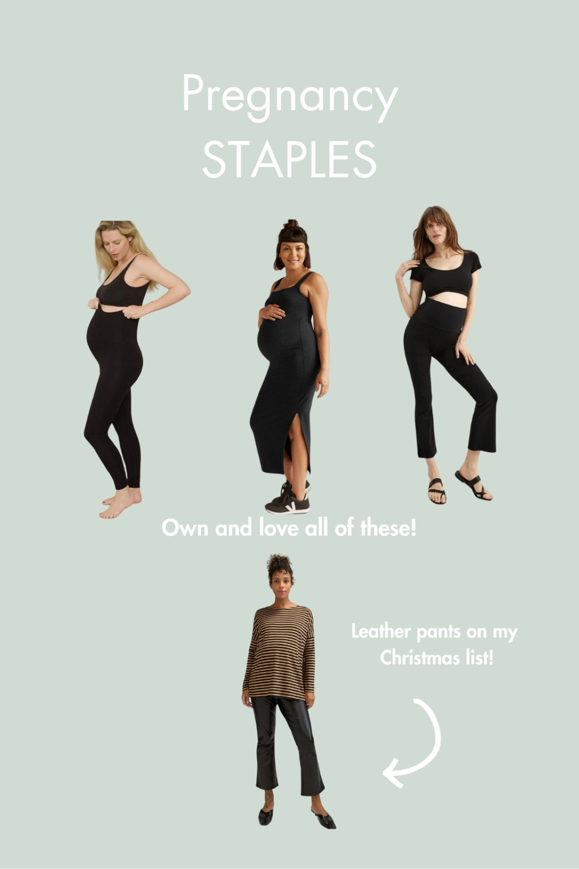 My uniform as of late! Highly recommend all three! The leather pants fit the same as the black flared and are on my Christmas list!! #momtobe #giftguideformomtobe #pregnancymusthaves #pregnancyclothing

#LTKbump #LTKstyletip #LTKGiftGuide