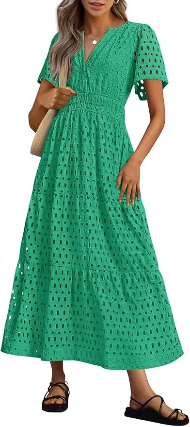 PRETTYGARDEN Womens 2025 Summer Maxi Dress Short Sleeve V Neck Hollow Out Eyelet A Line Long Flow... | Amazon (US)