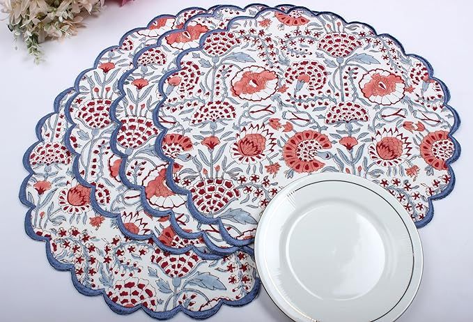 Ridhi Bo-ho Round Place Mat Double Layer Floral Cotton Washable Placemats 15" Round Embroidery Bl... | Amazon (US)