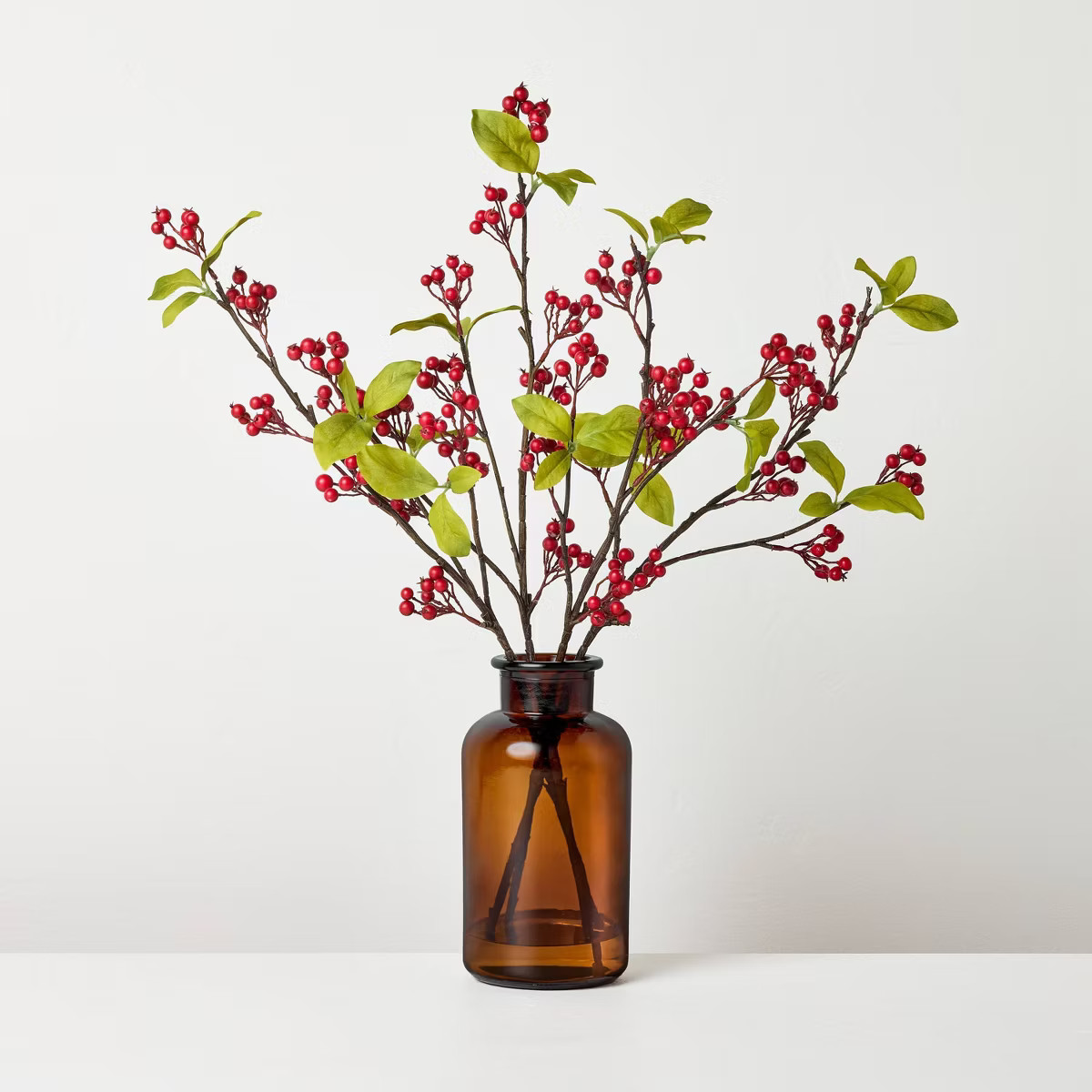 19" Red Berry in Amber Glass Artificial Arrangement - Hearth & Hand™ with Magnolia | Target