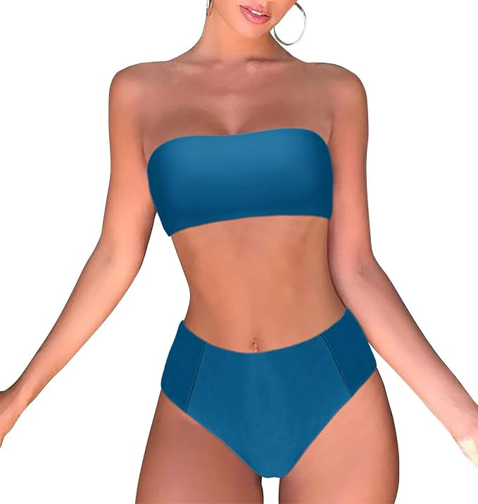 OMKAGI Women's 2 Pieces Bandeau Bikini Swimsuits Off Shoulder High Waist Bathing Suit High Cut | Amazon (US)