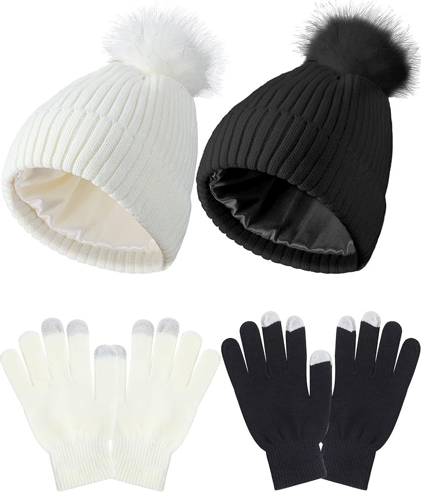 4 Pieces Womens Winter Satin Lined Knit Pom Beanie Hats Touchscreen Gloves Set | Amazon (US)