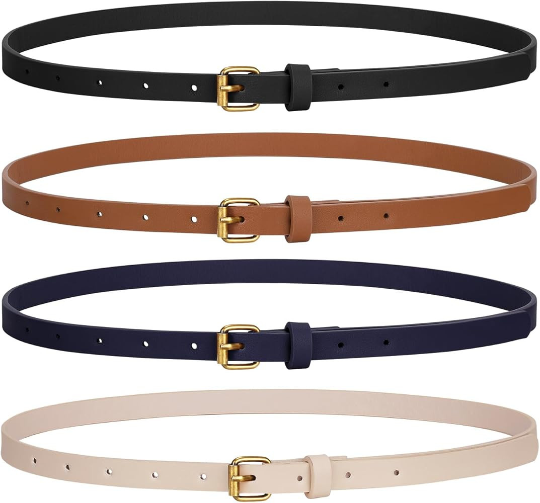 JASGOOD 4 Pack Skinny Women Leather Belt for Dresses Thin Waist Belt for Jeans Pants with Gold Bu... | Amazon (US)