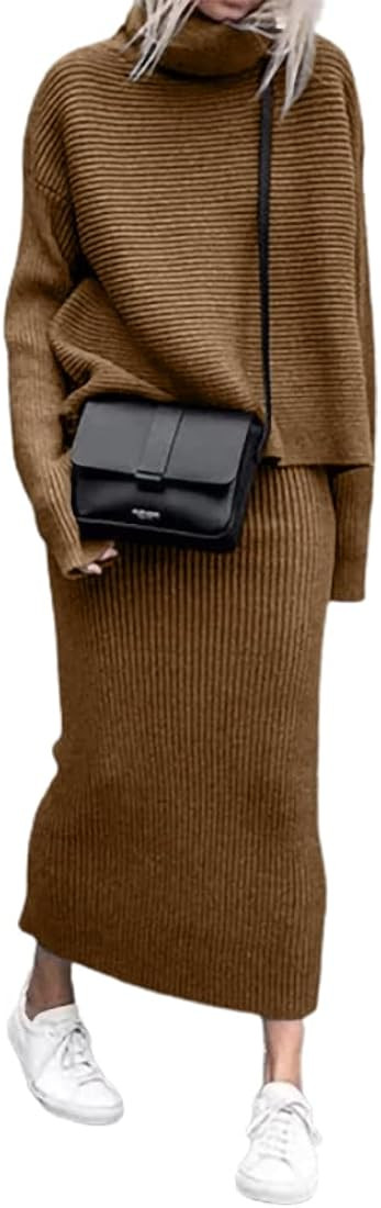 chouyatou Women's Turtleneck 2 Piece Outfits Ribbed Knit Sweater Midi Pencil Skirt Set | Amazon (US)