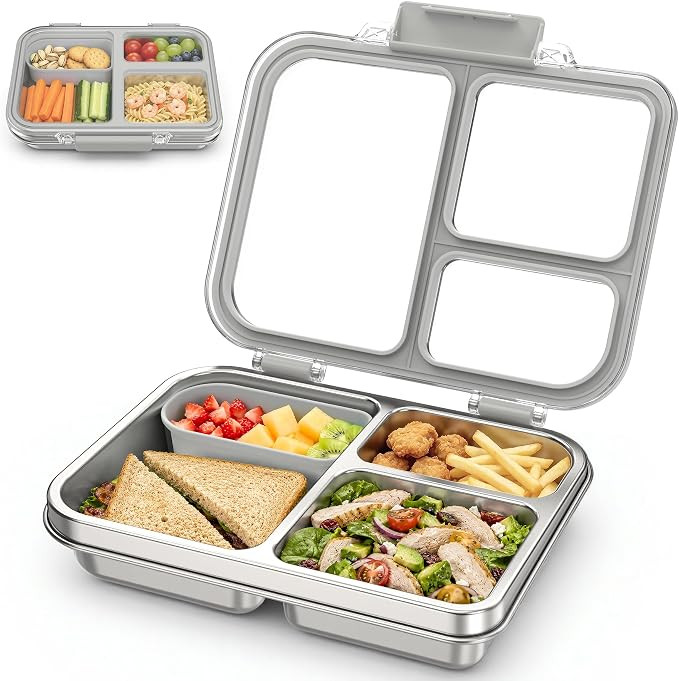Stainless Steel Bento Box for Kids, 3-Compartment Metal Lunch Box with Clear Lid & Removable Sili... | Amazon (US)