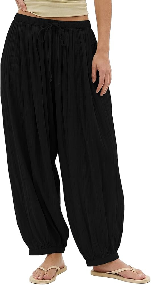 Jenkoon Womens Balloon Pants Summer Flowy Wide Leg Pants Cotton Drawstring Vacation Beach Pants | Amazon (US)