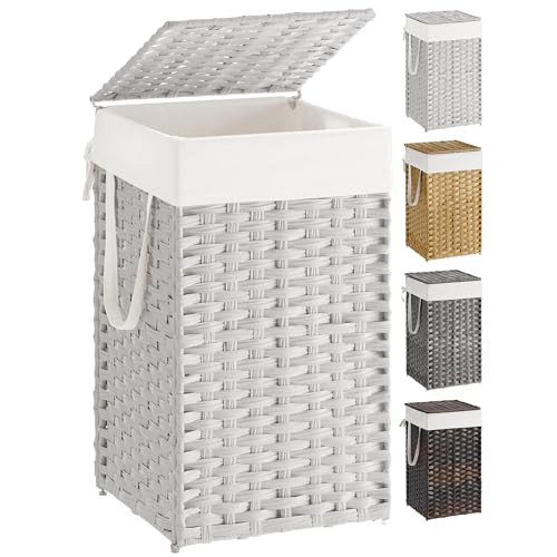 SONGMICS Laundry Hamper with Lid, 17.2 Gallon (65 L) Synthetic Rattan Clothes Laundry Basket with Lid and Handles, Foldable, Removable Liner, Cloud White ULCB165W01 | Amazon (US)