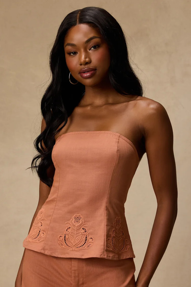 Tristen Terracotta Embroidered Strapless Top | Lulus