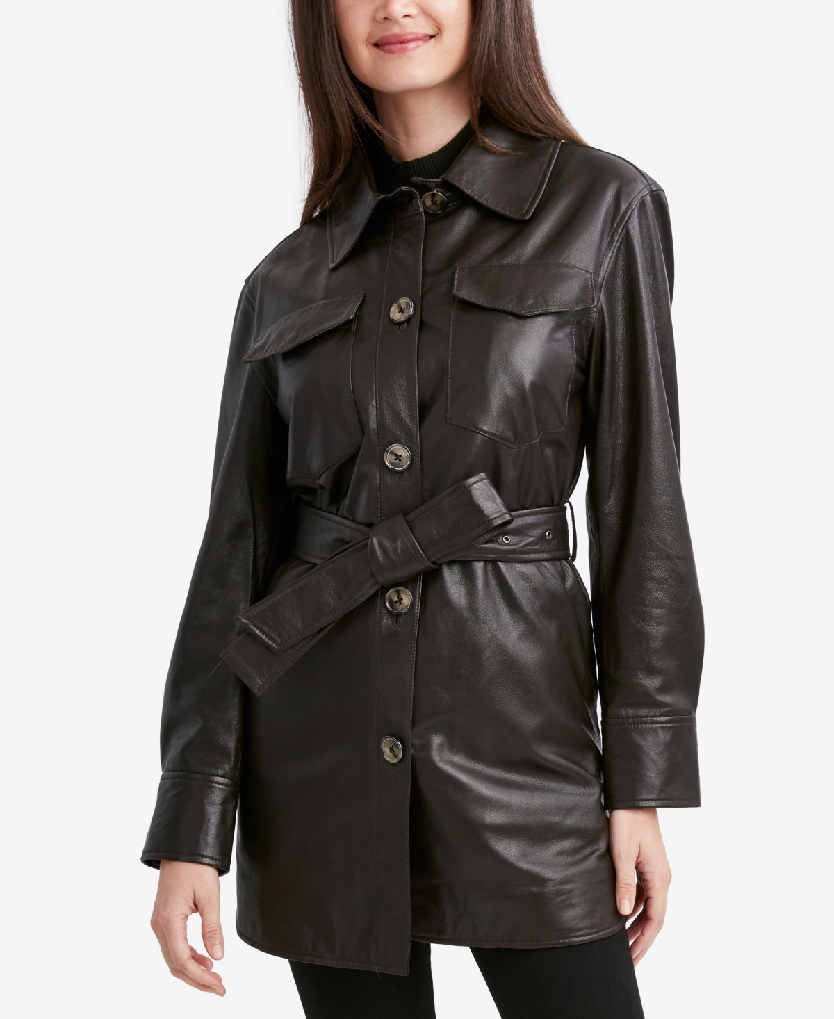 Tahari Women's Petite Liv Belted Leather Shirt Jacket | Macys (US)