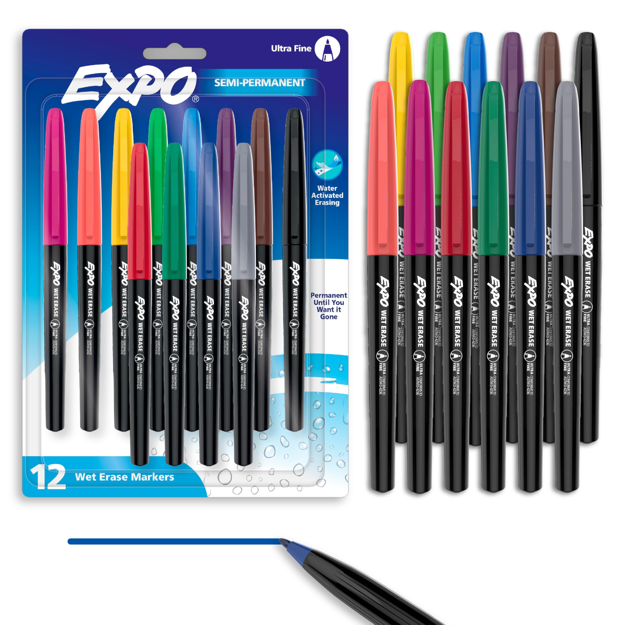 EXPO Wet Erase Markers, Semi-Permanent Markers, Assorted, Ultra Fine Tip, 12 Count | Amazon (US)