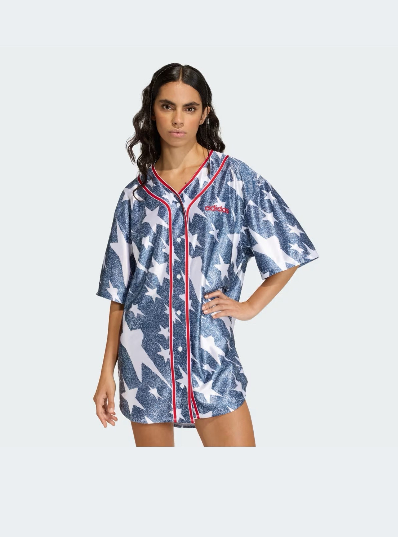 Be 4th of July ready in this star printed @adidas satin button down jersey! Super cute for the holiday weekend coming up.  I would also wear it open with a white cami under and some denim blue or white shorts, paired with a red crossbody and white sambas. 😍

#adidasstyle #outfitinspo #ltkstyle

#LTKootd