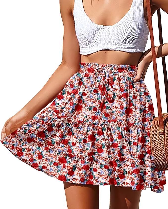 NASHALYLY Women's Summer Boho Floral Print Mini Skirt High Waist Drawstring Tiered Skirts | Amazon (US)