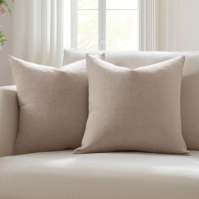 Meekio Set of 2 Light Taupe Pillow Covers 18x18, Farmhouse Linen Decorative Throw Cushion Covers ... | Amazon (US)