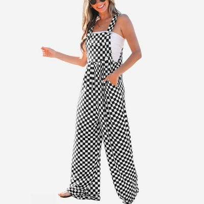 Amaryllis Women’s Checkerboard Wide Leg Overalls Relaxed Fit Sleeveless One-Piece Adjustable Strap Jumpsuit- Small ,Black | Target