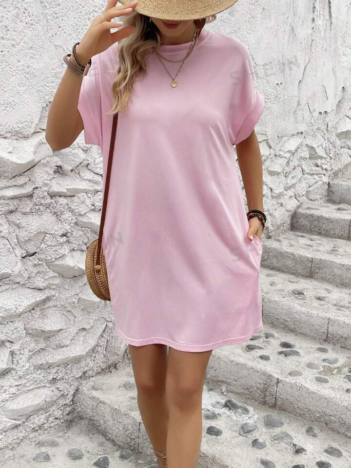 SHEIN LUNE Solid Batwing Sleeve Tee Dress | SHEIN