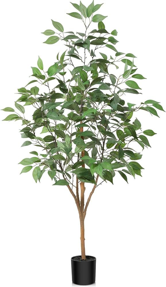 OAKRED Artificial Ficus Tree, 4FT Fake Tree with Natural Wood Trunk, Fluffy Faux Tree, Fake Silk ... | Amazon (US)