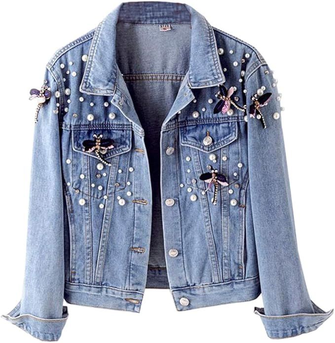 Kedera Women’s Denim Jacket Pearls Beading Embroidered Cropped Jean Coat | Amazon (US)