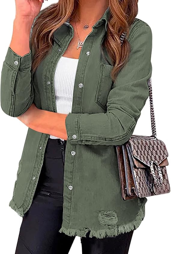 luvamia Womens Denim Jacket Distressed Button Down Jean Shirt For Women Ripped Shacket Coat | Amazon (US)