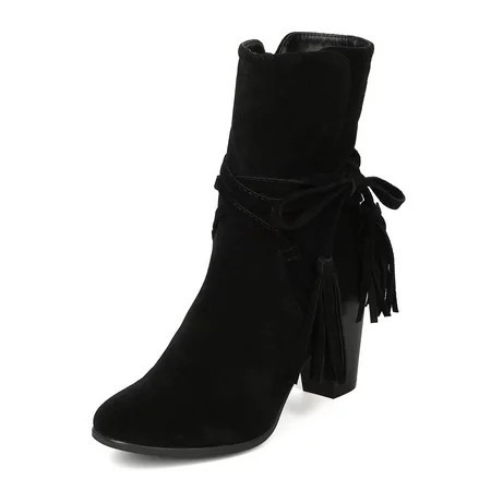 Breckelles Women Hilary-71 Faux Suede Wraparound Tassel Chunky Heel Black Bootie (Black 5.5) | Walmart (US)