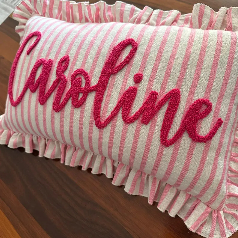 Personalized Striped Ruffled Pillow Cover, Custom Name Embroidery Cushion - Etsy | Etsy (Global)