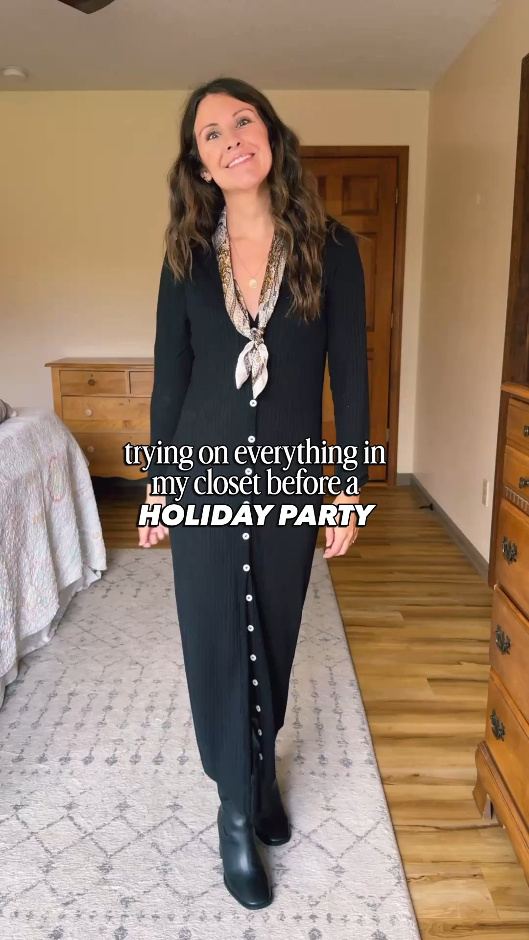 4 Holiday party outfits using what I have in my closet:

Outfit 1: My dress is a few years old so I linked some similar ones. My scarf (and similar ones!) , jewelry, and boots are linked!

Outfit 2: Wearing xs in this top (I’ve had it for a couple years and it’s one of my favorite winter date night/holiday tops!). 
My jeans are size 25 and I cuffed them myself. Linked them, as well as some similar options.

Outfit 3: Wearing xs in my cardigan (almost sold out so I also linked similar), xs in my satin skirt and 6.5 in my tall black boots 

Outfit 4: Wearing size small in my lace top and my cardigan/dress is older so I linked similar ones. 
My Levi jeans are size 25 and I cuffed them myself. I also linked similar ones. My boots are size 6.5. 


#LTKFindsUnder100 #LTKHoliday #LTKPetite