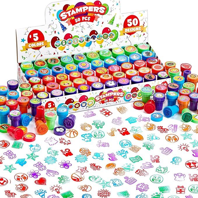 JOYIN 50 Pcs Assorted Stamps for Kids - Self-Ink Stamps with 50 Designs for Birthday Party Favor,... | Amazon (US)