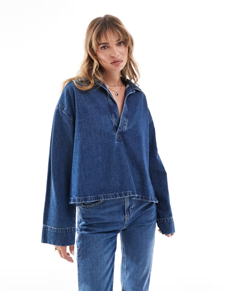 ASOS DESIGN denim rugby top in blue | ASOS (Global)