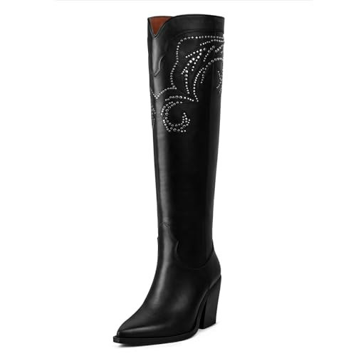 MUCCCUTE Black Cowgirl Boots Cowboy Boots for Women Knee High Vintage Embroidery Pointed Toe Western Botas Size 7.5 | Amazon (US)