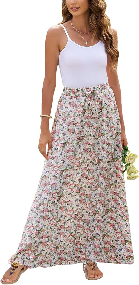 Bluetime Women Leopard Print Long Skirts Chiffon Summer Beach Pleated Elastic High Waisted Maxi S... | Amazon (US)