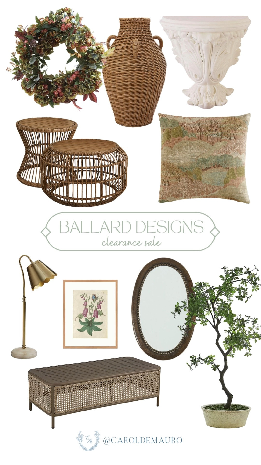 Ballard designs, clearance sale, discounted furniture, home decor, neutral home, vintage style, wicker tables, woven vase, faux plants, oval wall mirror, gold lamp, wall art, throw pillow

#LTKHome