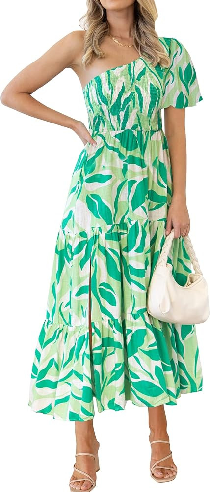ZESICA Women's 2024 Boho Summer One Shoulder Short Sleeve Smocked Side Split Ruffle Swing Midi Dr... | Amazon (US)