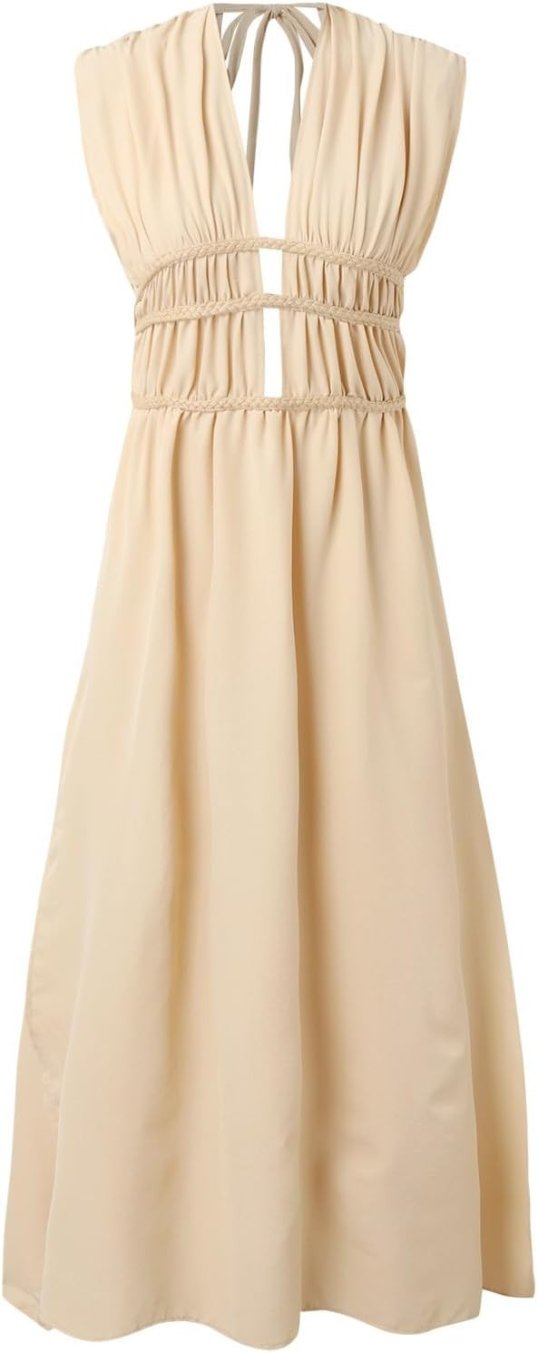 Women's Summer Boho Linen Sleeveless Belt Hollow Slits Dress Solid Color Boho Dresses Swing Maxi ... | Amazon (US)