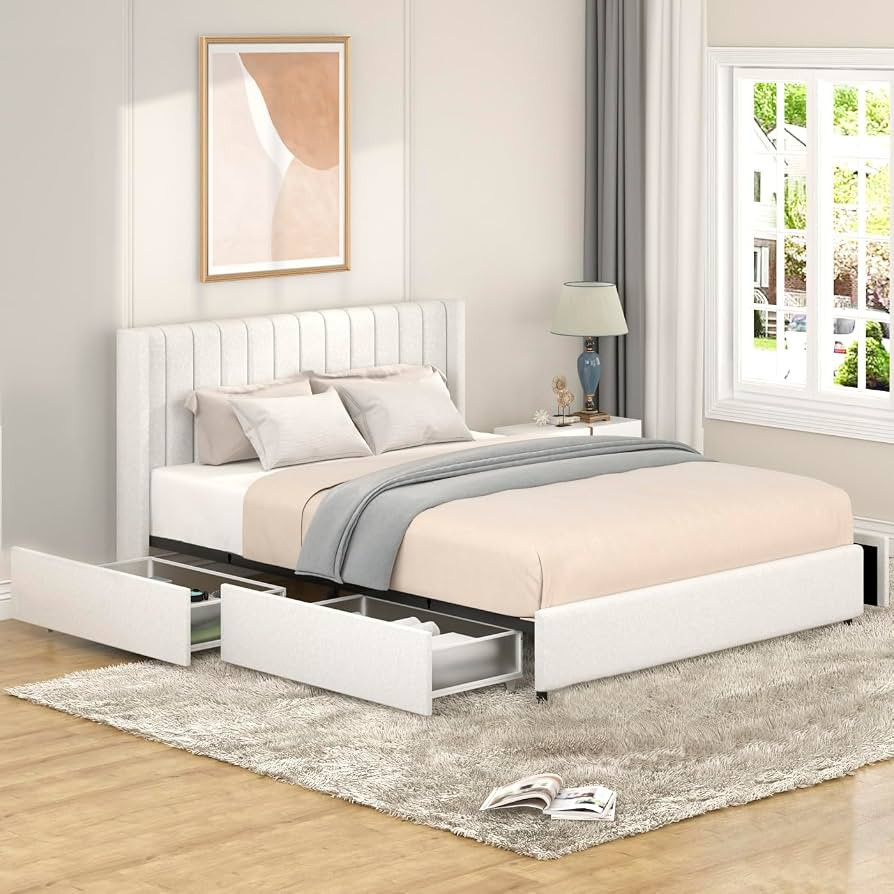 GDFStudio Upholstered Bed with Storage,Queen Size Platform Bed Frame with 4 Drawers Tufted Headbo... | Amazon (US)