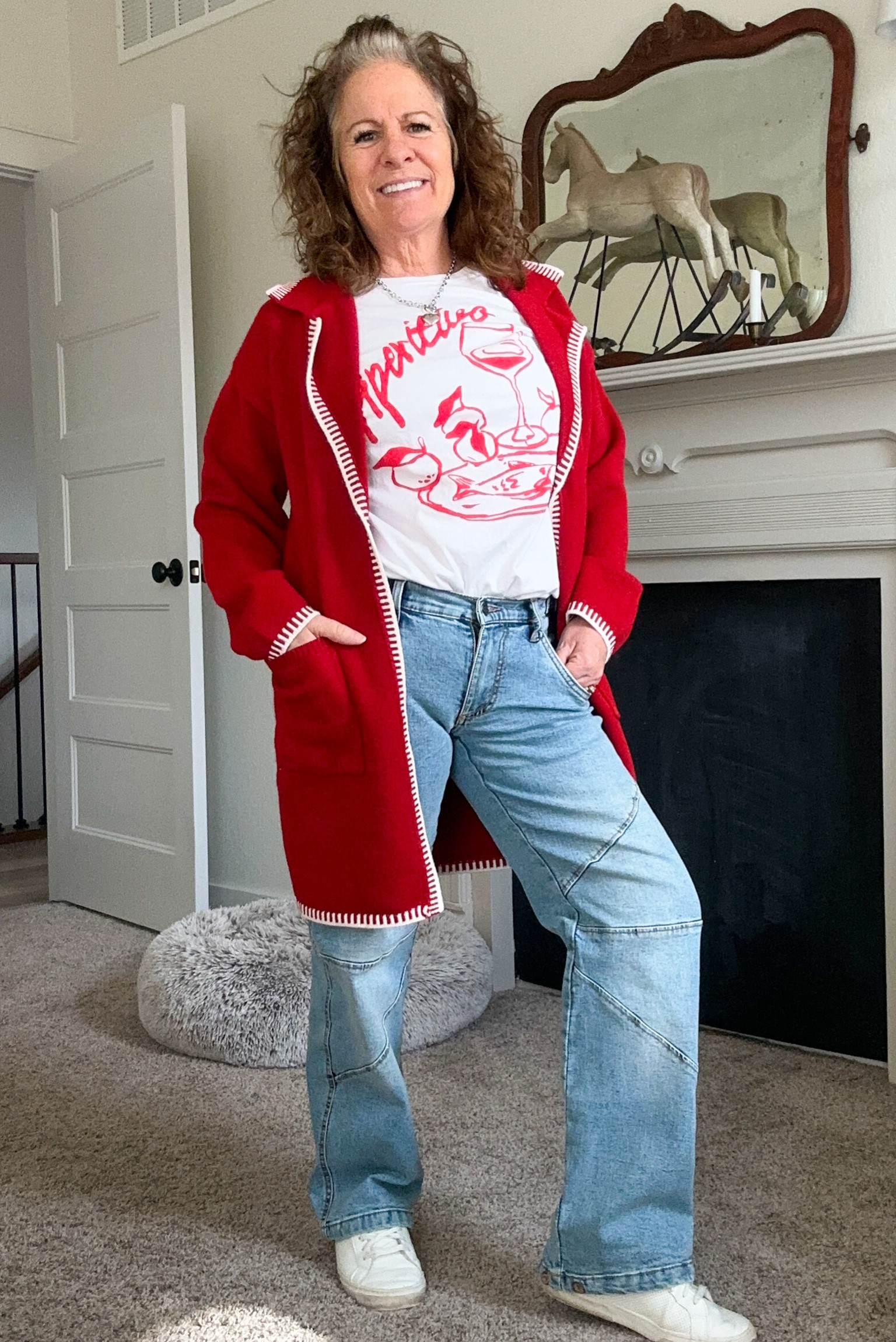 OOTD, Long duster sweater with pockets, graphic t-shirt, barrel leg jeans, sneakers. 
Wearing size SM 

#LTKFindsUnder100 #LTKStyleTip