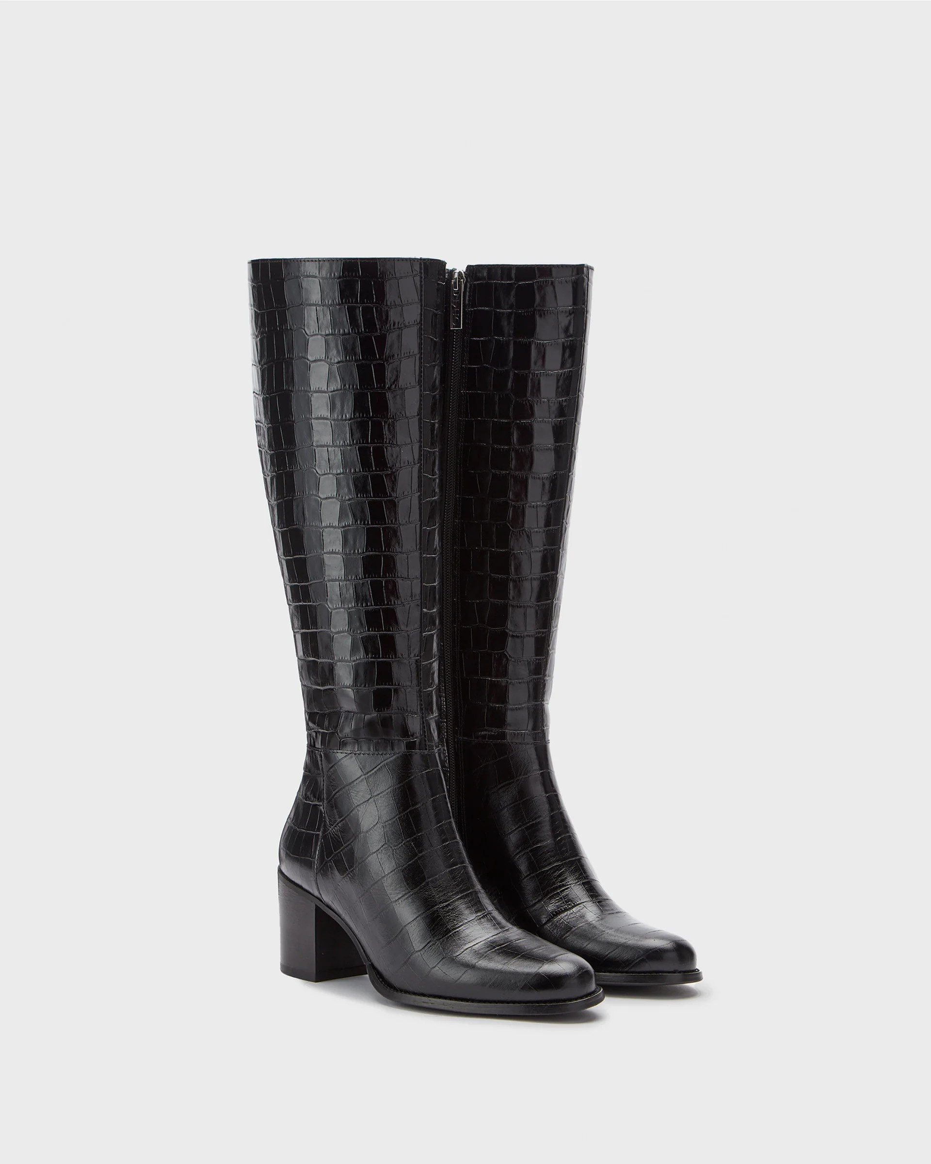 Dalia Petite Black Croc Knee High Block Heel Boots | DuoBoots | DuoBoots