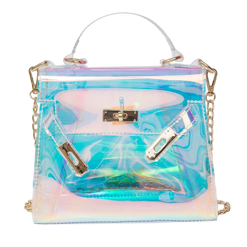 OULII Ladies Transparent Retro Holographic Handbag Shoulder Bag Shining Cross Body Bag with Chains | Amazon (US)