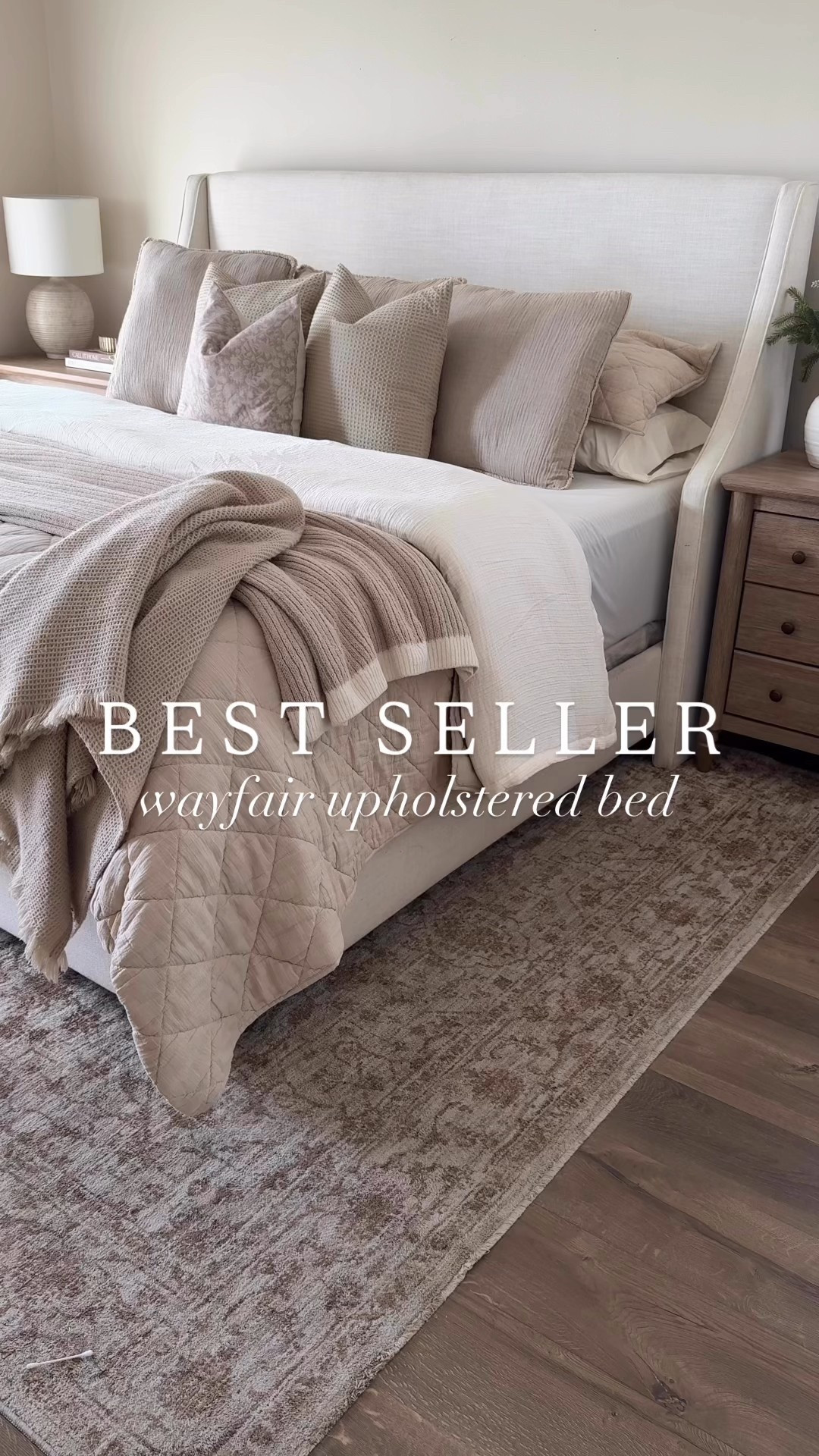 Upholstered bed, bedroom, neutral bedding, nightstand, throw pillow, area rug, neutral rug 

#LTKFindsUnder100 #LTKHome #LTKSaleAlert