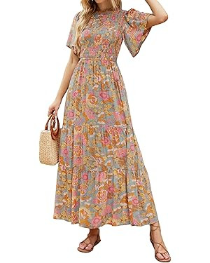 ZESICA Women's 2024 Summer Casual Floral Print Short Flutter Sleeve Crew Neck Smocked High Waist ... | Amazon (US)
